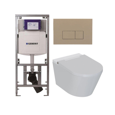 QeramiQ Luma Douche WC Set - Geberit UP320 inbouwreservoir - met Burda frame - fohn - ladydouche - bedieningsplaat taupe- rechthoekige knoppen - glans wit