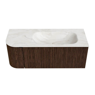 MONDIAZ KURVE-DLUX Meuble de salle de bains 115 cm avec module 25 L couleur Walnut avec 1 tiroir et 1 porte. Lavabo BIG SMALL à droite sans trou de robinet couleur Ostra.