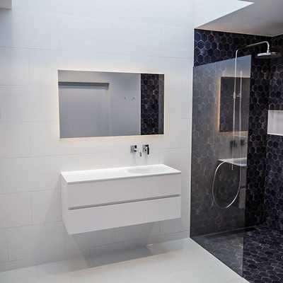 ENSEMBLE DE MEUBLE MONDIAZ VICA - 120cm - 2 tiroirs - lavabo Moon à droite - 0 trous de robinet - solid surface talc