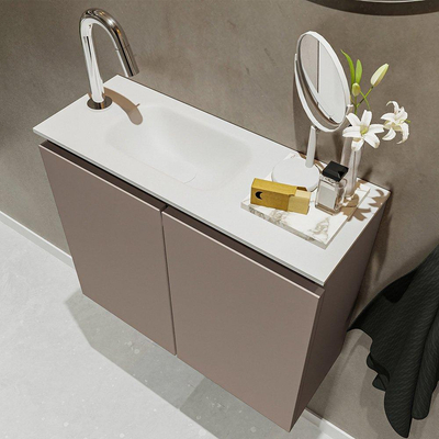 MONDIAZ TURE Toiletmeubel 60x23x50cm met 1 kraangaten 2 deuren smoke mat Wastafel Eden links Solid Surface Wit