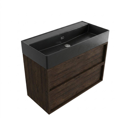 Saniclass Holz Frame Ensemble de meuble de salle de bains - 100x45x72cm - Legend lavabo en céramique noir mat - 1 vasque - 2 trous de robinetterie - 2 tiroirs - chêne charcoal mat (bois)