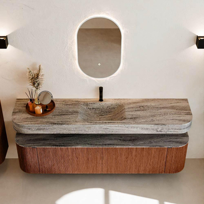 MONDIAZ THOR-DLUX Meuble de salle de bains - 190cm - arrondi gauche + droite - couleur Ruby - 2 tiroirs et 2 portes - Vasque suspendue CLOUD Milieu 1 trou de robinet couleur Oza