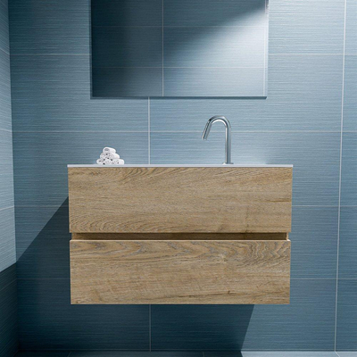 MONDIAZ ADA Toiletmeubel - 80x30x50cm - 1 kraangat - 2 lades - washed oak mat - wasbak midden - Solid surface - Wit