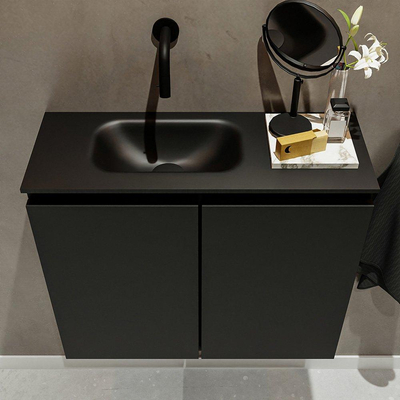MONDIAZ TURE Fonteinset - 60x23x50cm - 0 kraangaten - 2 deuren - urban mat - Wasbak links - Solid Surface Zwart