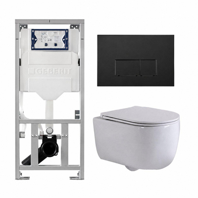 QeramiQ Dely Swirl Toiletset - 36.3x51.7cm - Geberit UP320 inbouwreservoir - met Burda frame - slim zitting - mat zwarte bedieningsplaat - rechthoekige knoppen - mat wit