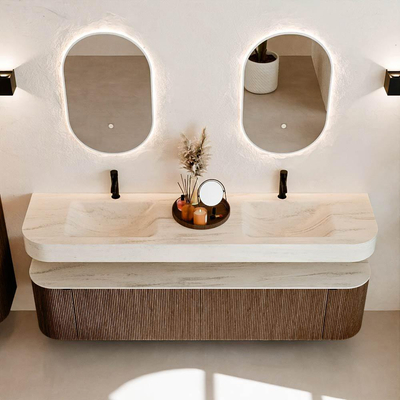 MONDIAZ THOR-DLUX 190cm badmeubel ronding links + rechts kleur Walnut met 2 lades en 2 deuren. Vrijhangende wastafel CLOUD Dubbel 2 kraangaten kleur Meli.