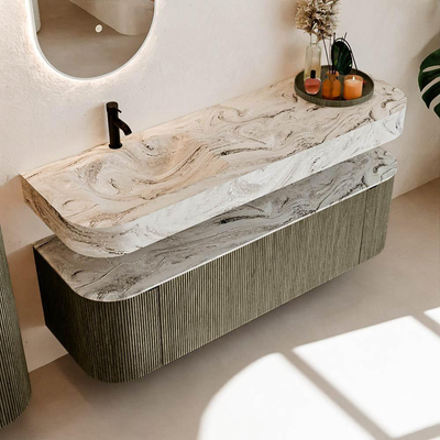 MONDIAZ THOR-DLUX 150cm meuble de salle de bains arrondi gauche + droite couleur Shadow avec 1 tiroir et 2 portes. Vasque suspendue CLOUD Gauche 1 trou de robinet couleur Glace.