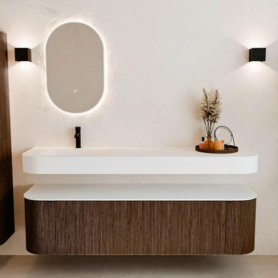 MONDIAZ THOR Meuble de salle de bains 170cm arrondi gauche + droite couleur Walnut avec 1 tiroir et 2 portes. Vasque suspendue CLOUD gauche 1 trou de robinet couleur Talc.