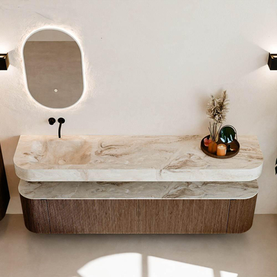 MONDIAZ THOR-DLUX Meuble de salle de bains - 200cm - arrondi gauche + droite - couleur Walnut - 2 tiroirs et 2 portes - Vasque suspendue CLOUD Gauche sans trou de robinet - couleur Frappe