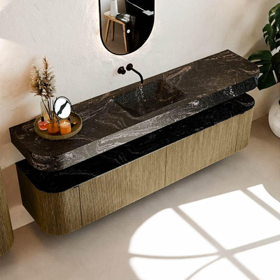 MONDIAZ THOR-DLUX 200cm meuble de salle de bains arrondi gauche + droite couleur Dusk avec 2 tiroirs et 2 portes. Vasque suspendue CLOUD Milieu sans trou de robinet couleur Lava.