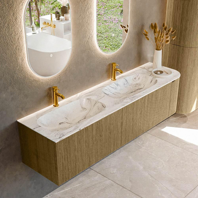 Mondiaz KURVE-DLUX Badkamermeubelset - 175x46x40cm - 2 lade - 1 deur - wastafel solid surface - dubbel / links - 2 kraangaten - Dusk