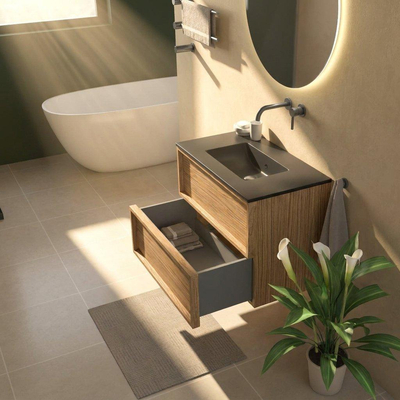 Saniclass Holz Frame Ensemble de meubles de salle de bains - 80x45x62cm - Vygo lavabo en céramique noir - 1 vasque - sans trou de robinet - 2 tiroirs - chêne natural mat (bois)