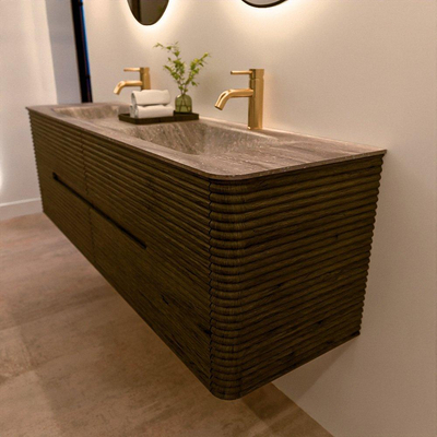 Mondiaz CIRO-DLUX Badkamermeubelset - 160x45x50cm - Solid surface wastafel Oza - 2 wasbak Dubbel - 2 kraangaten - 4 lades - Shadow