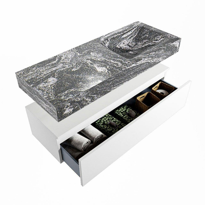 Mondiaz ALAN-DLUX Ensemble de meuble - 120cm - meuble - Talc mat - 1 tiroir - Lavabo Cloud Lava suspendu - vasque droite - 1 trou de robinet - Noir