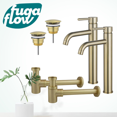 FugaFlow Eccelente Sobrado Badkamer Wastafelkraanset - voor dubbele wastafel - verhoogde wastafelkraan - always open plug - verlaagde design sifon - PVD Geborsteld Messing