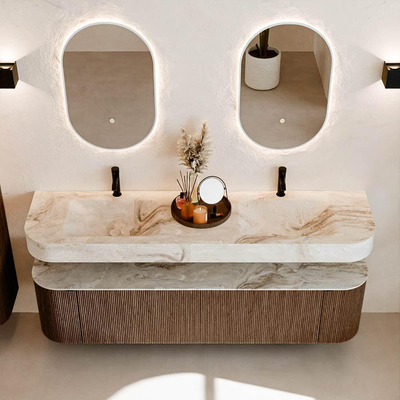 MONDIAZ THOR-DLUX 180cm badmeubel ronding links + rechts kleur Walnut met 2 lades en 2 deuren. Vrijhangende wastafel CLOUD Dubbel 2 kraangaten kleur Frappe.