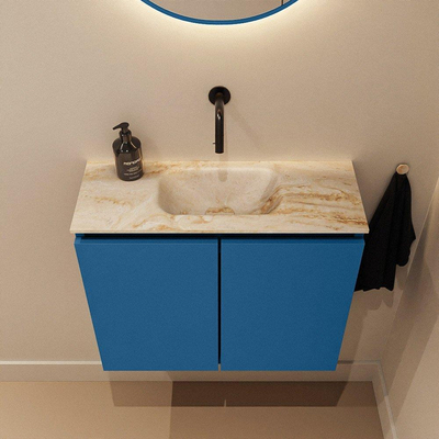 MONDIAZ TURE-DLUX Meuble toilette - 60cm - Jeans - EDEN - vasque Frappe - position centrale - sans trou de robinet