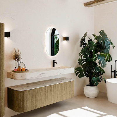 MONDIAZ THOR-DLUX 160cm meuble de salle de bains arrondi gauche + droite couleur Dusk avec 1 tiroir et 2 portes. Vasque suspendue CLOUD droite 1 trou de robinet couleur Nata.