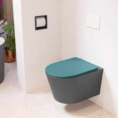 Mondiaz LAVIE hangtoilet – spoelrandloos – 36 x 53 cm – met softclose zitting – Dark grey (grijs), zitting Smag (groen)