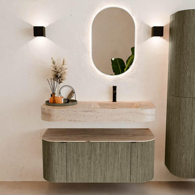 MONDIAZ THOR-DLUX 110cm meuble de salle de bains arrondi gauche + droite couleur Shadow avec 1 tiroir et 2 portes. Vasque suspendue CLOUD Droite 1 trou de robinet couleur Saba.