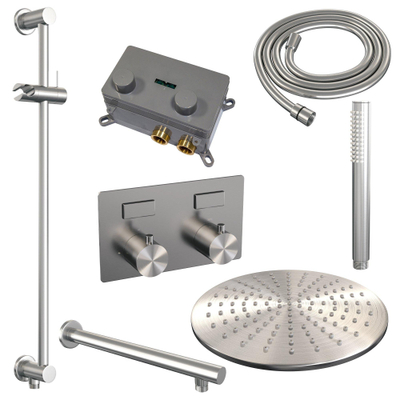BRAUER Brushed Edition Douche de pluie encastrée thermostatique - boutons poussoirs - SET 62 - douche de tête 30cm - bras mural droit - douchette à main barre - flexible de douche - barre de douche intégrée - inox brossé PVD