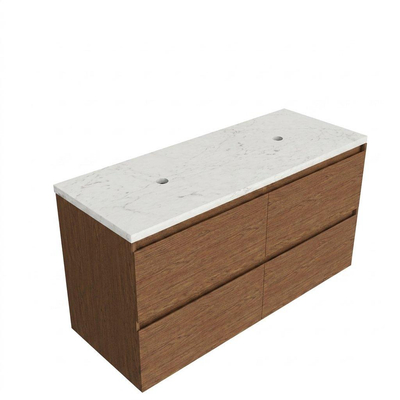 Saniclass Holz Pure Ensemble meuble de salle de bains - 120x45x63cm - Plan vasque en marbre Dia poli (blanc) - sans trou de robinet - 4 tiroirs - walnut pure mat (bois)