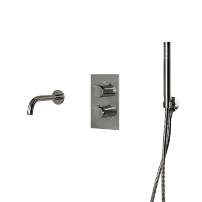 Fortifura Calvi Ensemble de robinet de baignoire - bec - 22cm réductible - flexible en métal - douchette à main - partie encastrable - support mural - inox brossé PVD