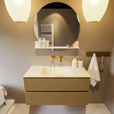 Mondiaz VICA-DLUX ensemble de meuble de salle de bain - 100cm - meuble sous-vasque oro - 2 tiroirs - lavabo encastré cloud milieu - sans trous de robinet - miroir modèle spot - version XL 60cm haut - ostra