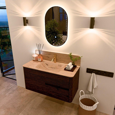 Mondiaz CIRO-DLUX Meuble de salle de bains - 100x45x50cm - Plan vasque solid surface Arena - 1 vasque centrale - 1 trou de robinet - 2 tiroirs - Noyer