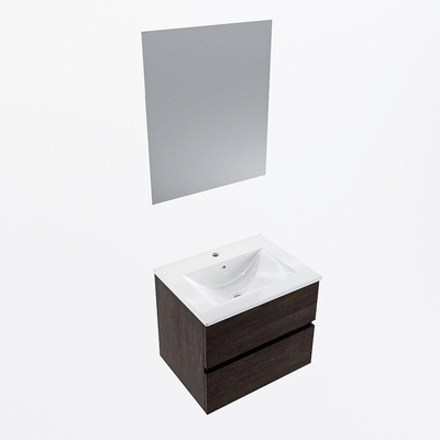 Mondiaz VICA ensemble de meuble de salle de bain - 60cm - meuble sous-vasque marron foncé - 2 tiroirs - lavabo denia milieu - 1 trou de robinet - couleur Blanc Brillant - miroir LED - version XL 60cm de haut