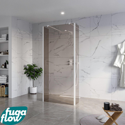 FugaFlow Eccelente Vetro Vrijstaande inloopdouche badkamer - 90x200cm - Rookglas - antikalk - 8mm veiligheidsglas - 2 zijwanden 30cm - met wandarmen en hoekprofielen - Wit mat -