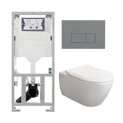 Villeroy & Boch Subway 2.0 DirectFlush CeramicPlus Pack WC - abattant slimseat - réservoir Geberit - plaque de déclenchement avec plaque de déclenchement gris clair - boutons rectangulaires - blanc