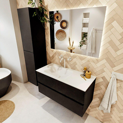 MONDIAZ VICA Meuble de salle de bains 100cm sous-encastré Urban 2 tiroirs. Lavabo CLOUD gauche 1 trou de robinet, couleur Talc.