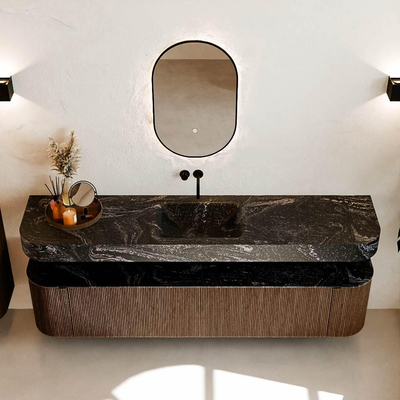 MONDIAZ THOR-DLUX Meuble de salle de bains - 200cm - arrondi gauche + droite - couleur Walnut - 2 tiroirs et 2 portes - Vasque suspendue CLOUD Milieu sans trou de robinet - couleur Lava