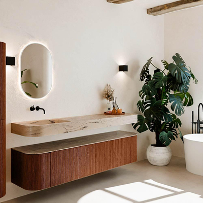 MONDIAZ THOR-DLUX 190cm meuble de salle de bains arrondi gauche + droite couleur Ruby avec 2 tiroirs et 2 portes. Vasque suspendue CLOUD Gauche sans trou de robinet couleur Arena.