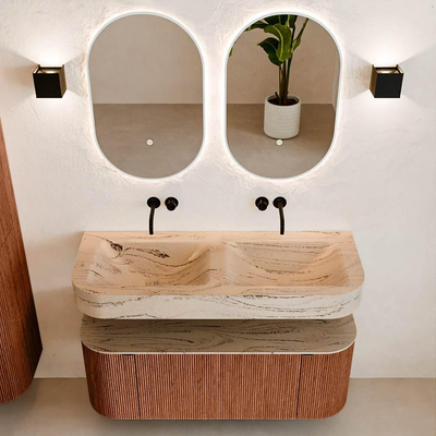 MONDIAZ THOR-DLUX 120cm meuble de salle de bains arrondi gauche + droite couleur Ruby avec 1 tiroir et 2 portes. Vasque suspendue CLOUD Double sans trou de robinet couleur Arena.