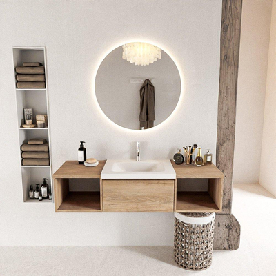 MONDIAZ BUKLA 140cm badmeubel met open module 40 L+R kleur Washed Oak met 2 lades. Wastafel CLOUD midden 1 kraangat kleur Talc.