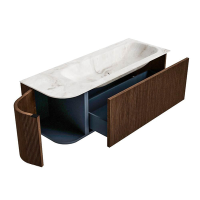 MONDIAZ KURVE-DLUX Meuble de salle de bains 125 cm avec module 25 L couleur Walnut avec 1 tiroir et 1 porte. Lavabo BIG MEDIUM à droite sans trou de robinet couleur Frappe.
