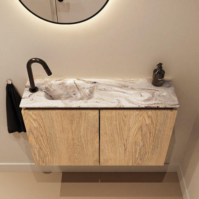 MONDIAZ TURE-DLUX Meuble toilette - 80cm - Washed Oak - EDEN - vasque Glace - position gauche - 1 trou de robinet