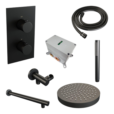 BRAUER Stripe Thermostatische Inbouw Regendouche - 3-weg - rechthoekig - SET 13 - 25cm douchekop - rechte muurarm - staaf handdouche - doucheslang - wandaansluitbocht - mat zwart