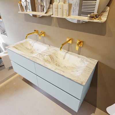 MONDIAZ VICA-DLUX Ensemble meuble de salle de bains - 130cm - meuble bas clay - 4 tiroirs - lavabo encastré cloud double - sans trous de robinetterie - version haute 60cm - glace