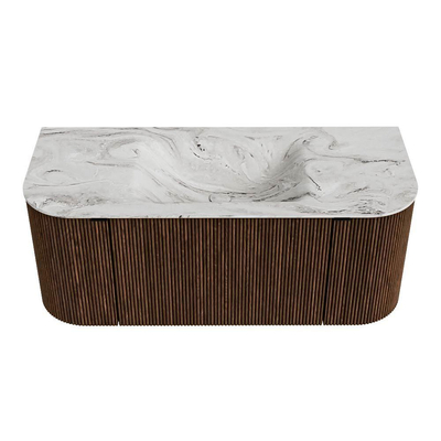 MONDIAZ KURVE-DLUX Meuble de salle de bains 110 cm avec module 25 Len R couleur Walnut avec 1 tiroir et 2 portes. Lavabo CLOUD centré sans trou de robinet couleur Glace.