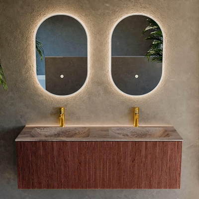 MONDIAZ KURVE-DLUX Meuble de salle de bains 130cm couleur Ruby avec 2 tiroirs et 0 porte. Lavabo LEAF Double 2 trous de robinet Oza.