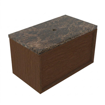 Saniclass Holz Frame Ensemble meuble de salle de bains - 80x45x43cm - Plan de travail en pierre naturelle Noche dark emperador - sans trou de robinet - 1 tiroir - walnut pure mat (bois)