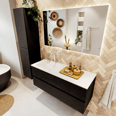 MONDIAZ VICA meuble sous lavabo 120cm Urban 2 tiroirs. Lavabo CLOUD gauche 1 trou de robinet, couleur Talc.