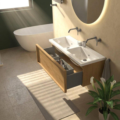 Saniclass Holz Frame Ensemble meuble de salle de bains - 120x45x43.5cm - lavabo Bari en céramique blanc - 2 vasques - sans trous de robinetterie - 1 tiroir - chêne natural mat (bois)