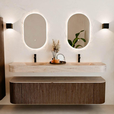 MONDIAZ THOR-DLUX 180cm meuble de salle de bains arrondi gauche + droite couleur Walnut avec 2 tiroirs et 2 portes. Vasque suspendue CLOUD Double 2 trous de robinet couleur Saba.