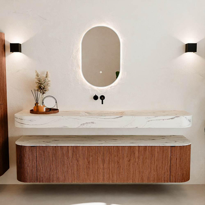 MONDIAZ THOR-DLUX Meuble de salle de bains - 190cm - arrondi gauche + droite - couleur Ruby - 2 tiroirs - 2 portes - Vasque suspendue CLOUD Milieu sans trou de robinet - couleur Nata