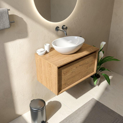 Saniclass Holz Frame Ensemble de meuble de salle de bains - 80x45x42cm - plan de travail en bois - sans trou de robinetterie - 1 tiroir - chêne natural mat (bois)