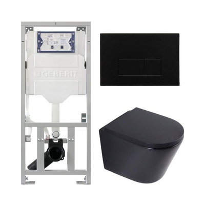QeramiQ Dely Toiletset - 36.3x51.7cm - diepspoel - rimless - Geberit UP320 inbouwreservoir - softclose toilet zitting - 35mm - metaal mat zwarte bedieningsplaat - rechthoekige knoppen - mat zwart